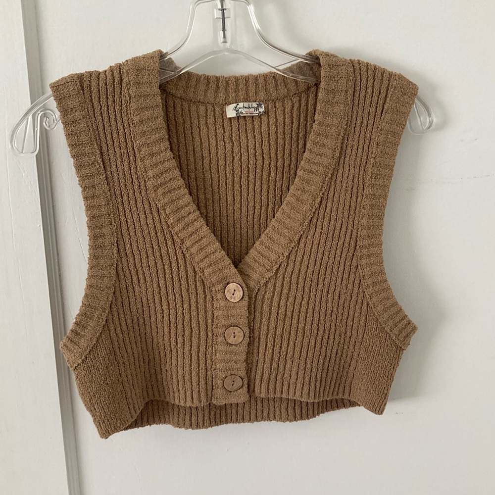 Free people crop Brown Ribbed Knit Button-Up Vest